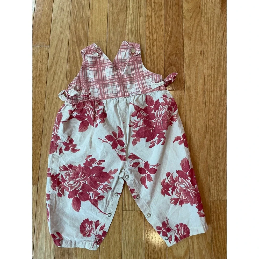 Vintage Guess Jeans Baby Overalls 12M Floral Plaid Heart Button Made in USA 90's